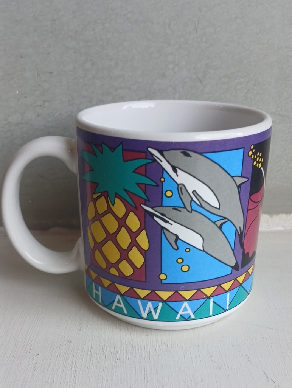 Vintage Hawaii Dolphin & Pineapple Ceramic Coffee Mug / 1990